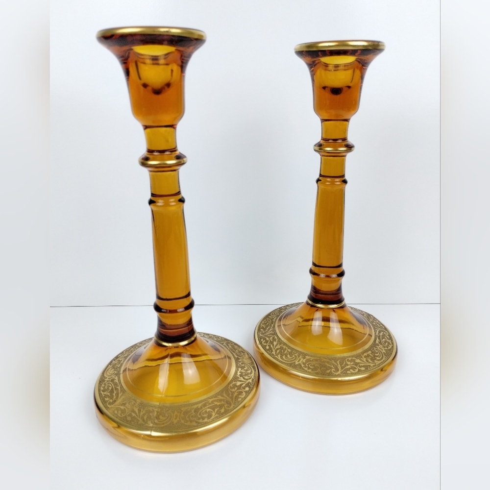 Vintage Amber Glass Candlestick Holders Pair Gold Trim & Etched Base Elegant MCM